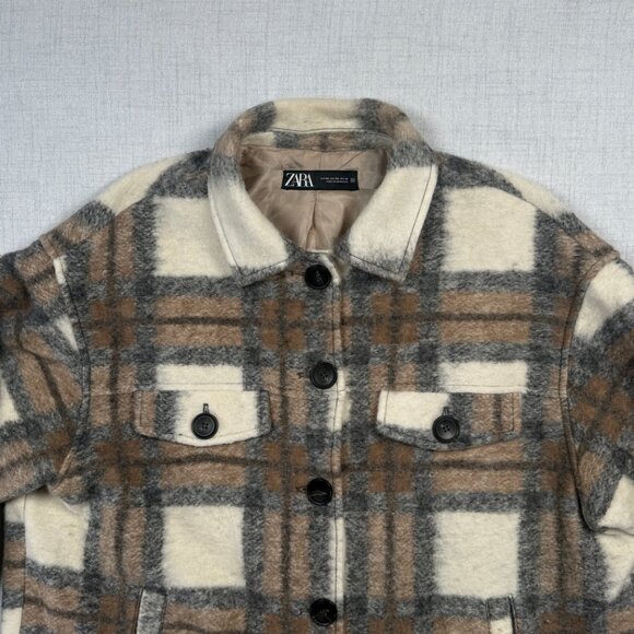 Zara Plaid Wool Blend Overshirt Jacket Brown Cream Button-Down Pockets Size XXL - Picture 3 of 14